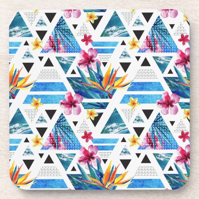 Geometric Tropical Flowers Pattern Coaster (Front)