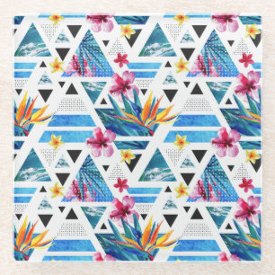 Geometric Tropical Flowers Pattern Glass Coaster