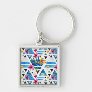 Geometric Tropical Flowers Pattern Key Ring