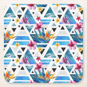 Geometric Tropical Flowers Pattern Square Paper Coaster