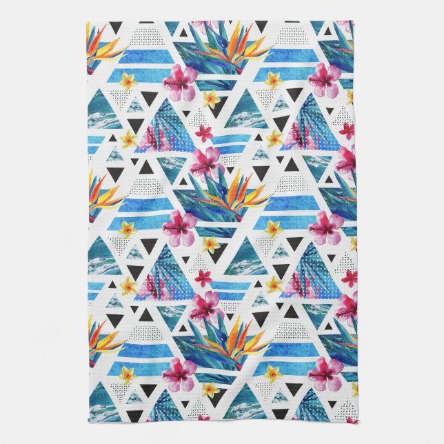Geometric Tropical Flowers Pattern Tea Towel (Vertical)