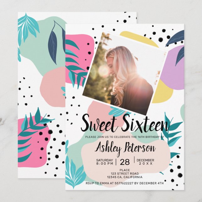 Geometric tropical leaf shapes chic photo Sweet 16 Invitation (Front/Back)
