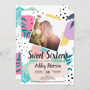 Geometric tropical leaf shapes chic photo Sweet 16 Invitation