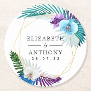 Geometric Tropical Orchids Beach Wedding Round Paper Coaster