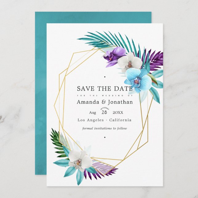 Geometric Tropical Orchids Wedding Photo Save The Date (Front/Back)