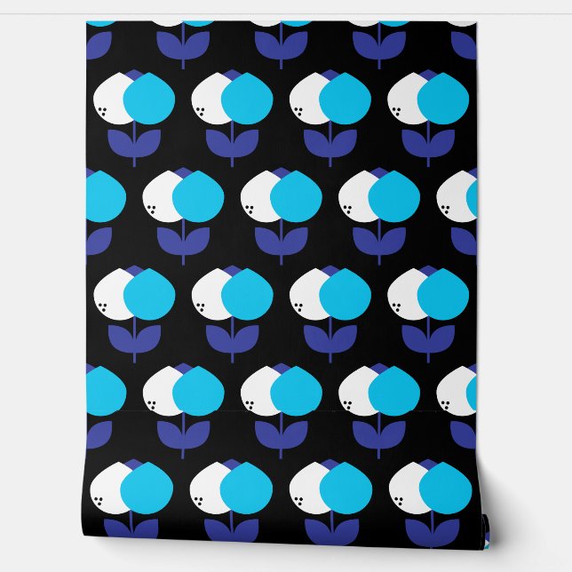 Geometric Tulips Blue and Black Wallpaper (Unrolling)