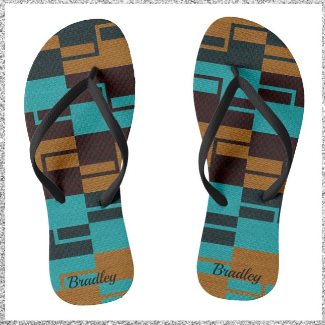 Geometric Turquoise Black and Brown  Thongs (Creator Uploaded)
