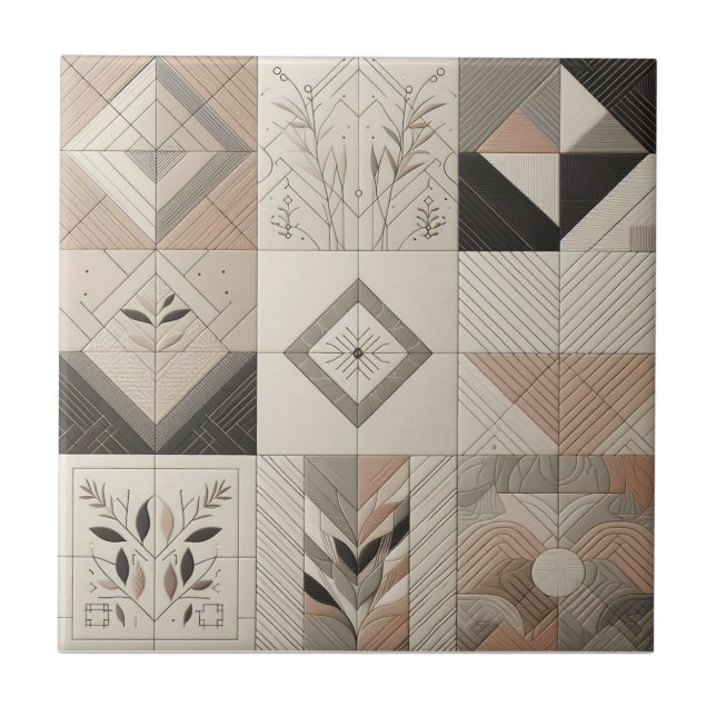 Geometric Vintage Chic Oatmeal Soft Black Ceramic Tile (Front)