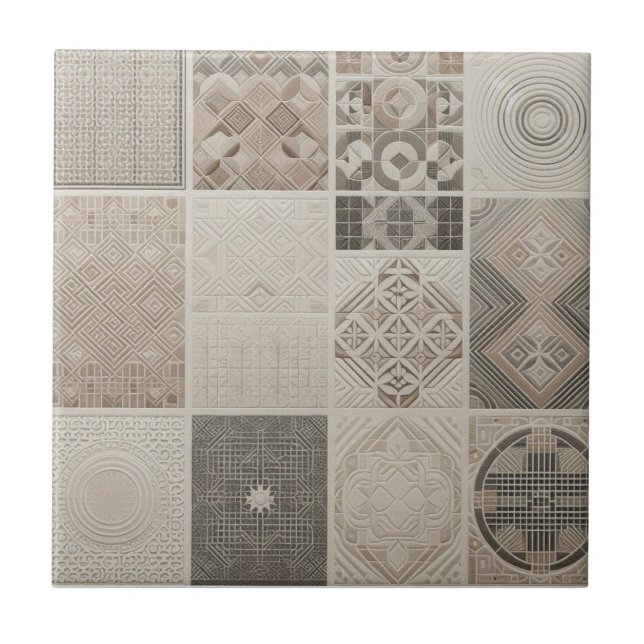 Geometric Vintage Chic Oatmeal Soft Black Ceramic Tile (Front)