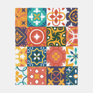 Geometric Vintage Tiles Ornate Pattern Fleece Blanket