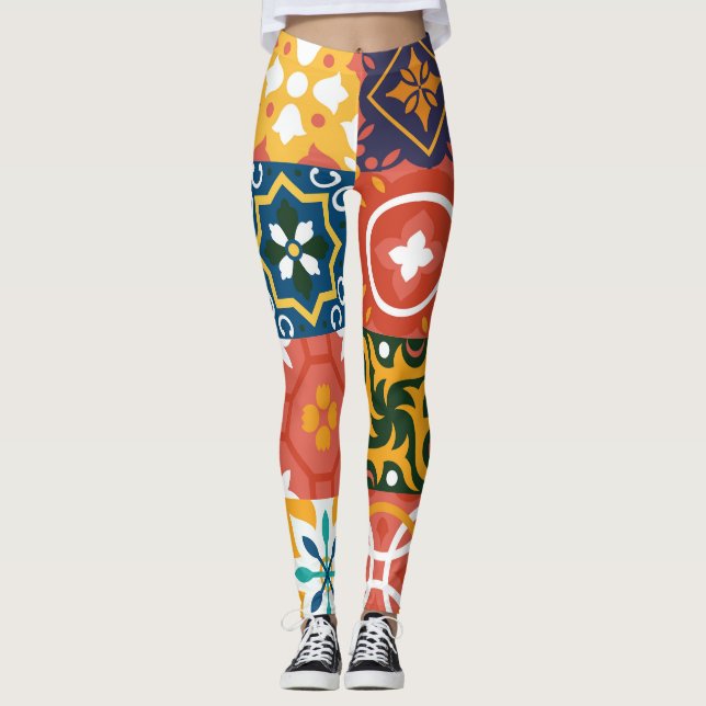 Geometric Vintage Tiles Ornate Pattern Leggings (Front)