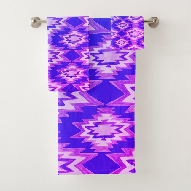 Geometric Watercolor Boho Blue Purple Pattern Bath Towel Set (Insitu)