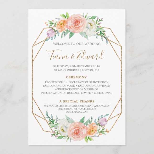 Geometric Watercolor Flowers Wedding Program (Front)