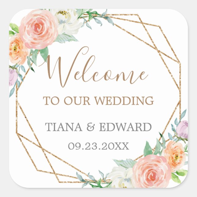 Geometric Watercolor Flowers Wedding Welcome Bag Square Sticker (Front)