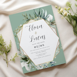 Geometric watercolor mint gold foliage wedding invitation