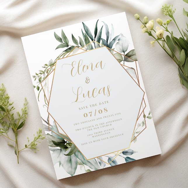 Geometric watercolor mint gold leaves wedding invitation (Geometric watercolor mint gold leaves wedding)