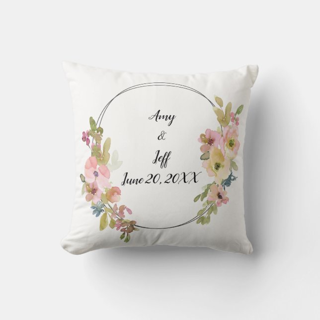 Geometric Watercolor Monogram Floral Wedding Cushion (Front)