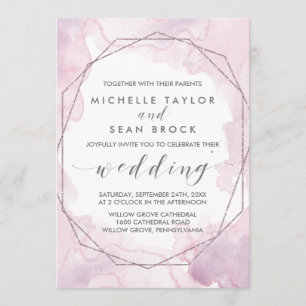 Geometric Watercolor Pink and Rose Gold Wedding Invitation