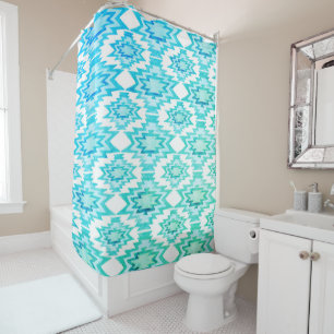 Geometric Watercolor Print Pattern Aqua Blue Shower Curtain