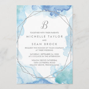 Geometric Watercolor Silver Monogram Wedding Invitation