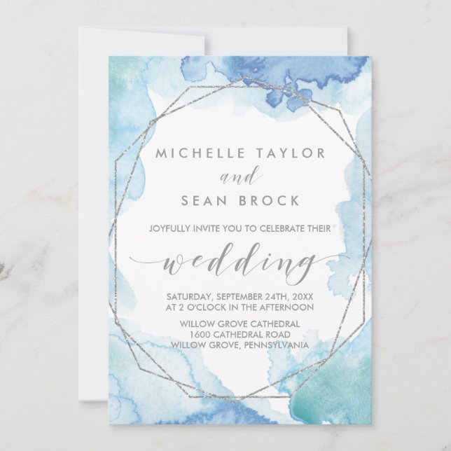 Geometric Watercolor | Silver Wedding Invitation (Front)