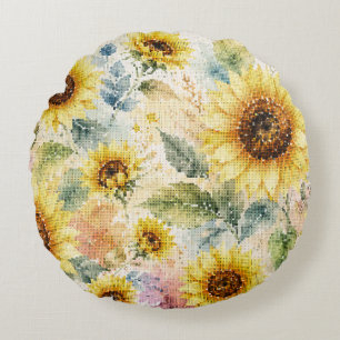 Geometric Watercolor Sunflower Floral Art Round Cushion