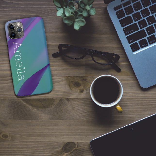 Geometric wave purple turquoise violet with name Case-Mate iPhone case (Creator Uploaded)