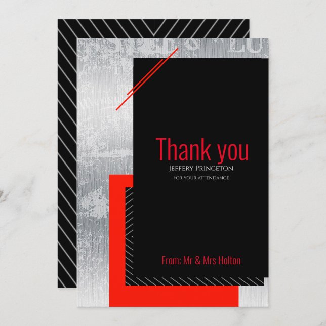 Geometric wedding red, black, grey, white stripes  thank you card (Front/Back)