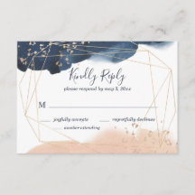 Geometric wedding RSVP in navy, gold, and blush
