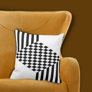 Geometric White & Black Stripes Diamond Checkers Cushion