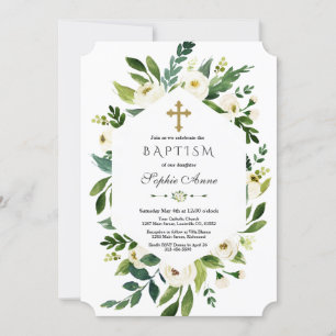 Geometric White Blooming Floral Peonies Baptism Invitation