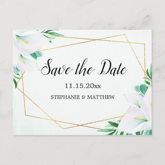 Geometric White Calla Lily Wedding Save The Date Announcement Postcard (Front)