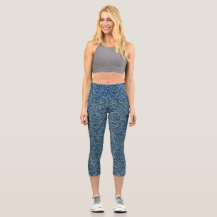 Geometric White Curvy lines on Blue Capri Leggings
