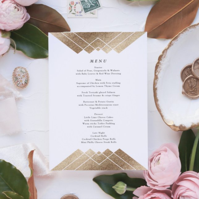 Geometric White Gold Gatsby Tall Wedding Menu (Creator Uploaded)