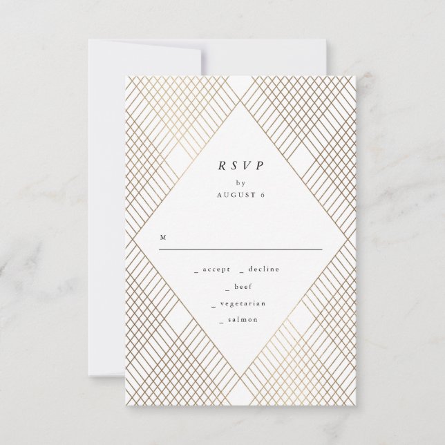 Geometric White Gold Gatsby Wedding RSVP (Front)