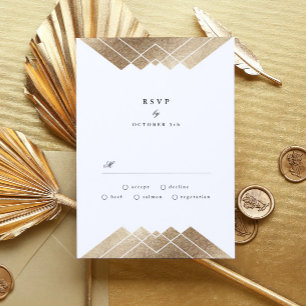 Geometric White Gold Gatsby Wedding RSVP Card