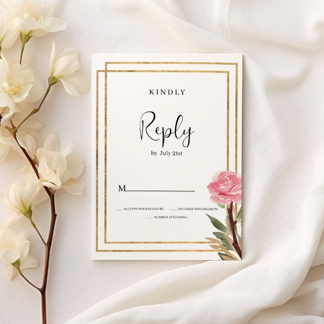 Geometric white gold pink mint flower RSVP  Invitation (Geometric white gold pink mint flower RSVP)