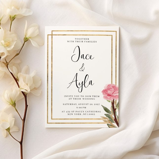 Geometric white gold pink mint flower Wedding Invitation (Geometric white gold pink mint flower Wedding )