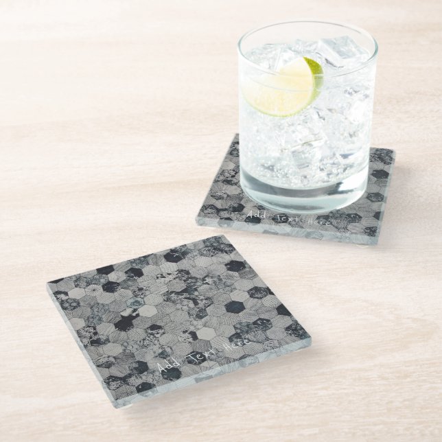 Geometric White, Grey and Black Hexagon Pattern Glass Coaster (Angled)