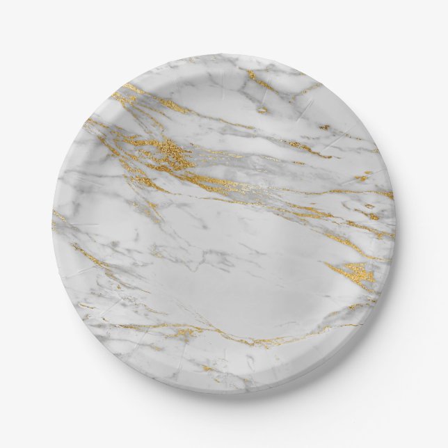 Geometric White Grey Carrara Gold Marble Paper Plate (Front)