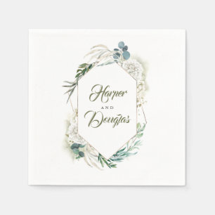 Geometric White Hydrangea and Greenery Wedding Napkin