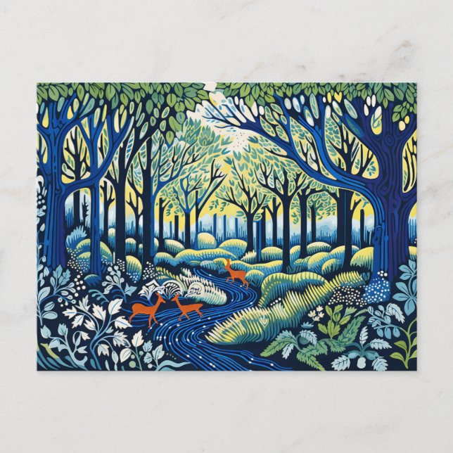 Geometric Wilderness in Linocut. Springtime Holiday Postcard (Front)