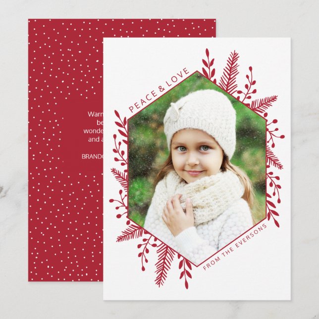 Geometric Winter Foliage Christmas Photo Red Holiday Card (Front/Back)
