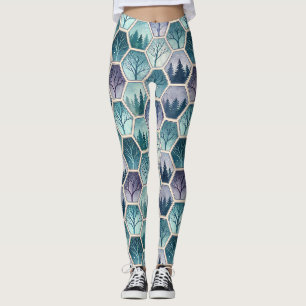 Geometric Winter Forest – Trees in Hexagon Leggings