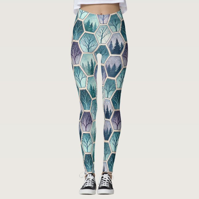 Geometric Winter Forest – Trees in Hexagon Leggings (Front)