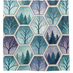 Geometric Winter Forest – Trees in Hexagon Shower Curtain