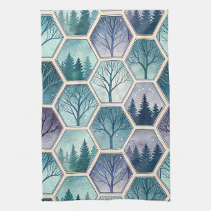 Geometric Winter Forest – Trees in Hexagon Tea Towel