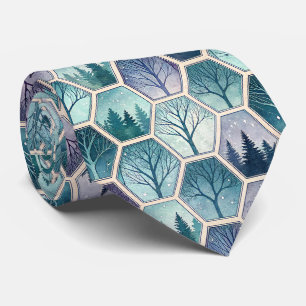 Geometric Winter Forest – Trees in Hexagon Tie