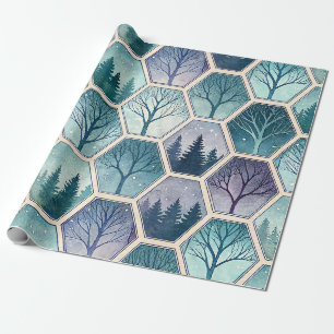 Geometric Winter Forest – Trees in Hexagon Wrapping Paper