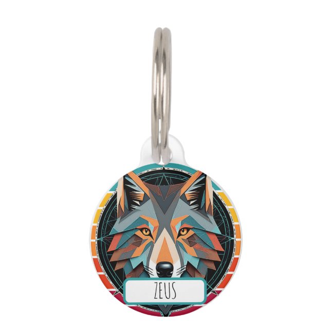 Geometric Wolf Head with Retro Colours  Pet Tag (Front)